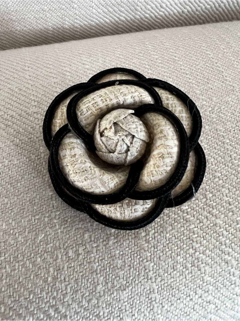 Elegant Black and Cream Camellia Brooch - Women's Accessory